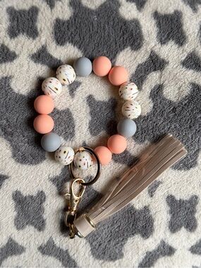 Silicone Beaded Wristlet Keychain - Peach, Gray & Speckled White
